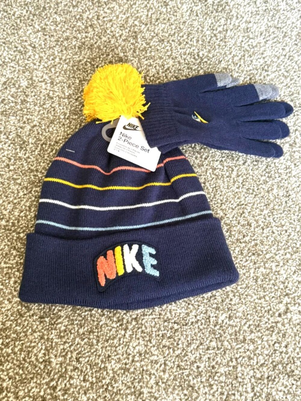 Nike Kids 2-Piece Winter Set Navy Striped Beanie Pom Touchscreen Gloves NWT